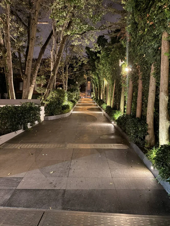 caminhada após o jantar em um caminho arborizado ao entardecer